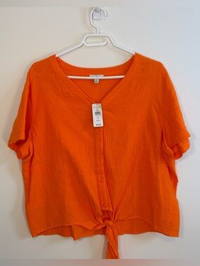 L.L. Bean Bright Orange V-Neck Button Front Tie-Hem Cotton Blouse